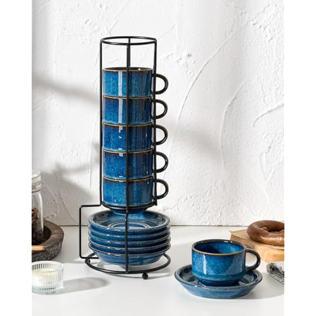 HOME DECOR Cappuccino Cups Set - Reactive Glaze Process - 6 x 140 ml Coffee Cups with Saucer & Stand - Elegant Ceramic Cups for Espresso, Cappuccino and Latte - Reactive Glaze Blue