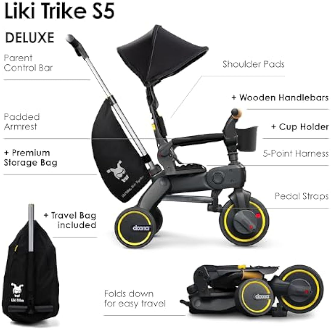 DOONA Liki Baby Trike S5 - Deluxe Foldable Toddler Tricycle with parent handle for ages 10 Months to 3 Years - Nitro Black