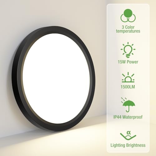 zemty [4 Pack 15W 1800LM LED Ceiling Light, Bathroom Lights Ceiling 3000K/4000K/6500K, 18cm IP44 Waterproof Ultra Thin Round Black Flush Ceiling Light for Living Room,Bedroom,Kitchen,Toilet