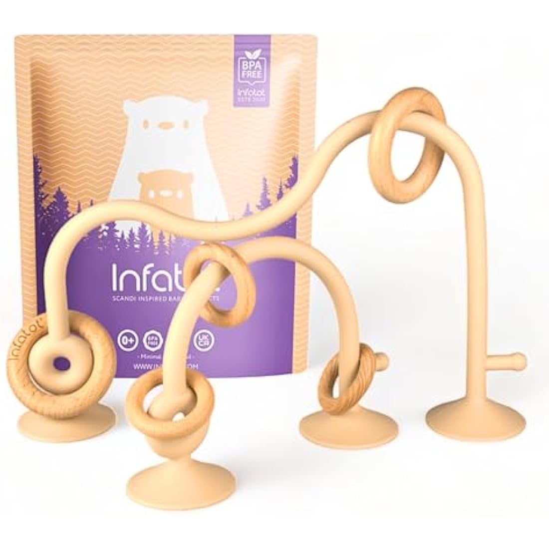 Infatot® Teething Suction Toy – Wood & Silicone Baby Toys 0-6 Months, Sensory Toy for Early Development, Suction Teether for High Chair, Baby Gift for Boys and Girls - Cream