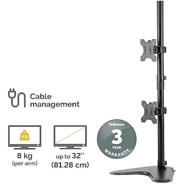 Fellowes Dual Stacking Monitor Arm - Seasa Freestanding Monitor Mount for 8KG 32 inch Screens - Ergonomic Adjustable Monitor Arm - Tilt 45° Pan 120° Rotation 360°, VESA 75 x 75/100 x 100 - Black