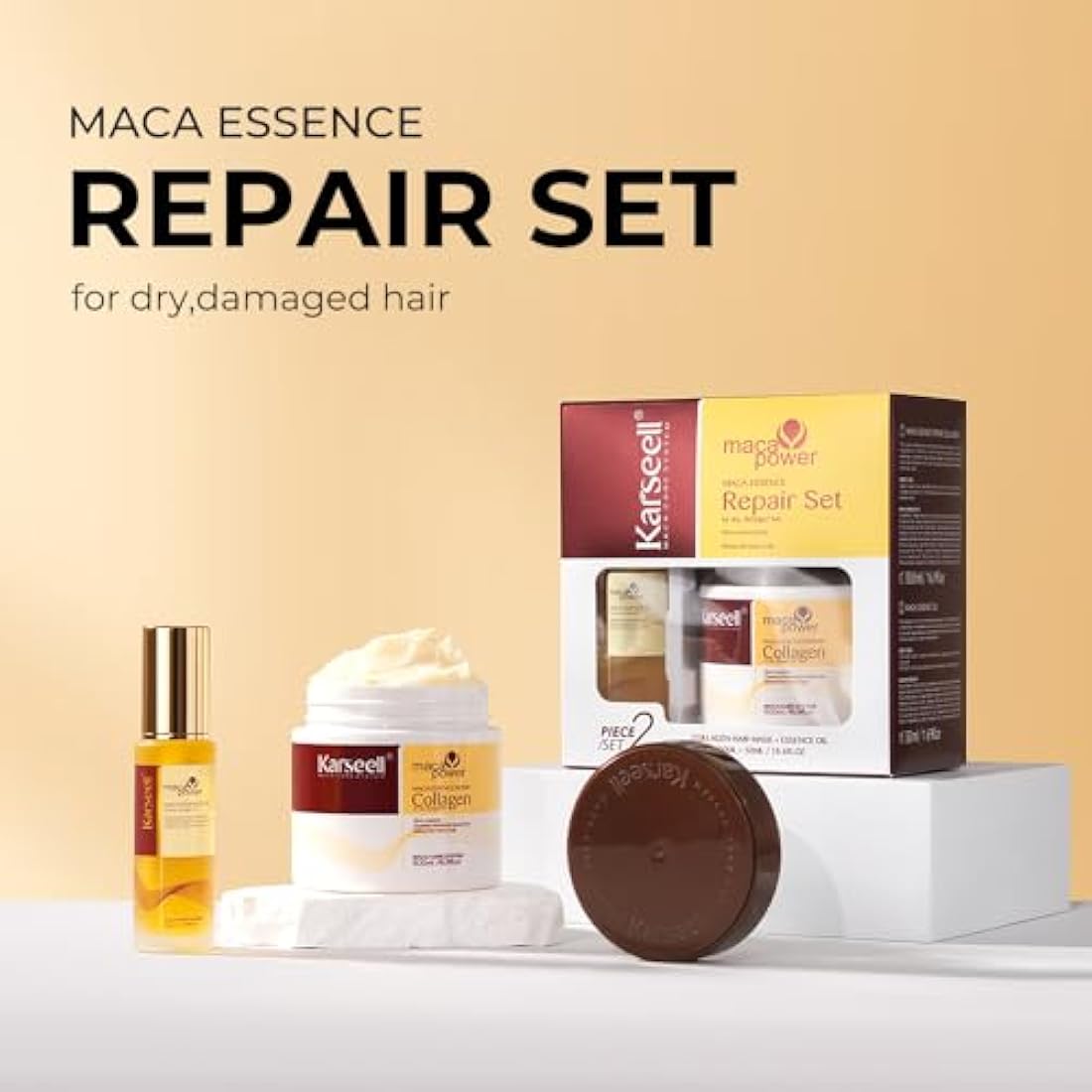 Karseell Collagen Maca Essence Repair Set, Collagen Hair Mask 500ml & Maca Essence Hair Oil 50ml, Argan Oil Hair Treatment for Dry Damaged Hair All Hair Types
