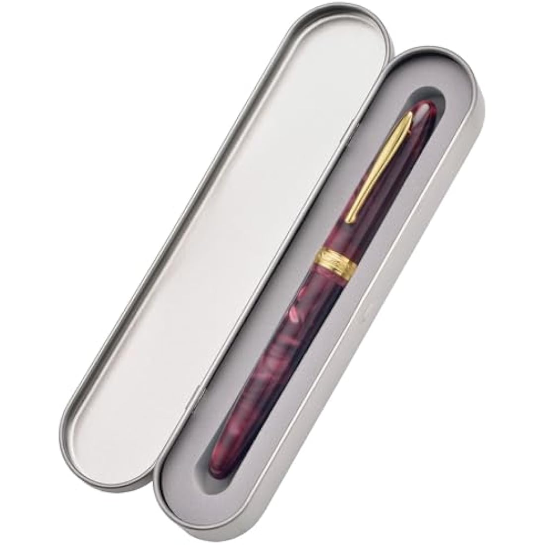 Hong Dian N9 Fountain Pen, Long Leaf Medium Point Gold Ornaments, Wine Red and Acrylic Design with Converter and Metal Pen Box
