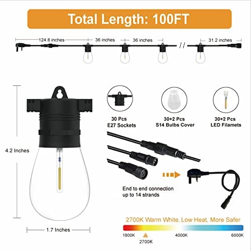 ZOTOYI Outdoor Garden String Lights Mains Powered 100FT/30m, Waterproof IP65 Festoon Lights Outdoor with 30+2 LED Shatterproof Bulbs for Outside Terrace Patio Party Wedding Yard, 2700K Warm White