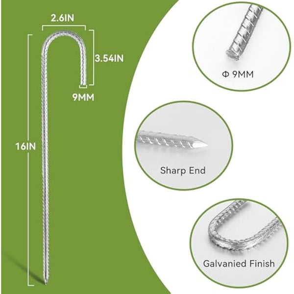 Graxury 20Packs 16inch Heavy Duty Trampoline Tents Anchor Ground Pegs - Galvanized Steel Rust-Proof J Hook Rebar Stakes Fit Trampolines Camp Garden Shed Swings with Chisel Point End