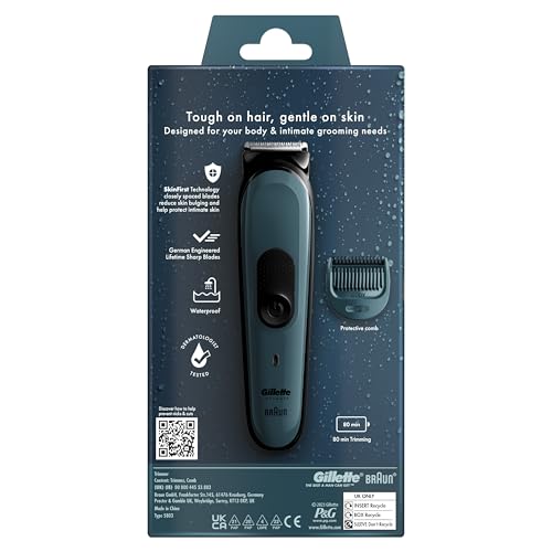 Gillette Intimate Body Hair Trimmer for Men, Pubic Hair and Ball Trimmer, Waterproof, Cordless Men's Body Groomer for Wet & Dry Shaving, Lifetime Sharp Blades,SkinFirst i3