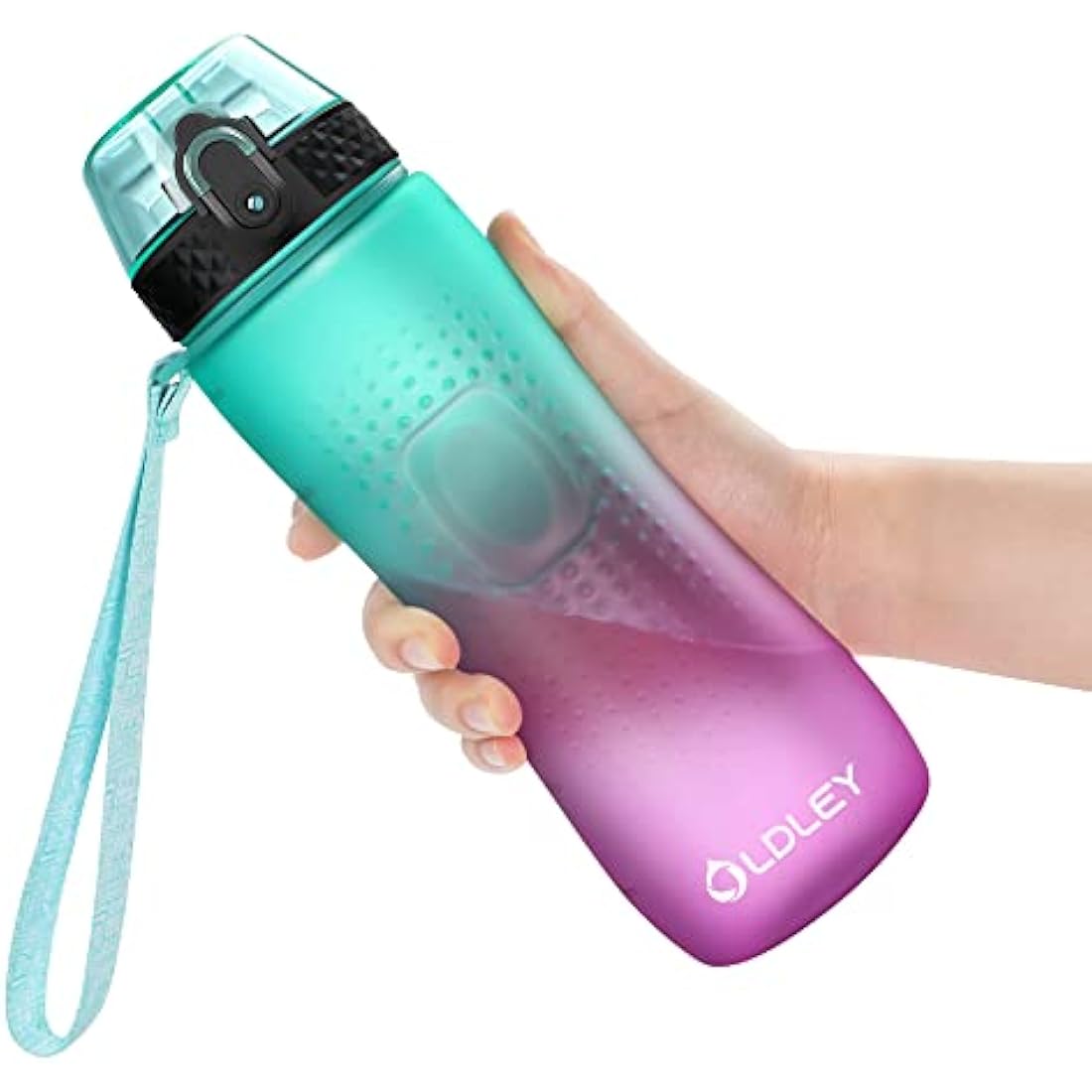 OLDLEY 750ml/25oz Water Bottles with Straw BPA Free Tritan Water Bottles for Gym School Sports Travel Leakproof Time Markings Durable Drink Bottles for Adult Kids Women Men(Green Purple, 1 Lid)