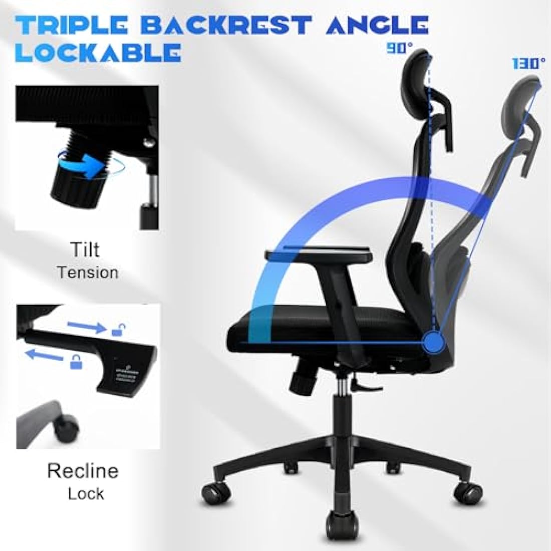 Durrafy Ergonomic Office Chair, High Back Desk Chair With Adjustable Armrests and Lumbar Support, 90°-130° Tilt Function (Lockable), Mesh Computer Chairs for Home/Office, Black