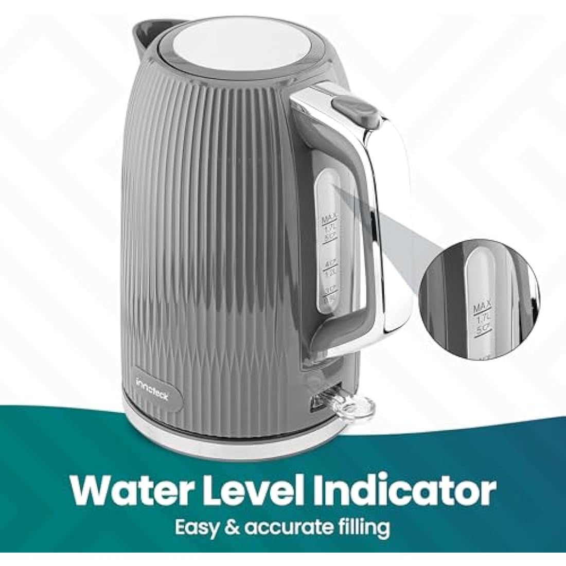 Innoteck Kitchen 1.7L Cordless Electric Kettle with Stainless Steel Body, BPA-Free Electric Kettle with Auto Shut-Off Safety & 360° Base Quiet Fast Boil Kettle for Tea and Coffee, Grey