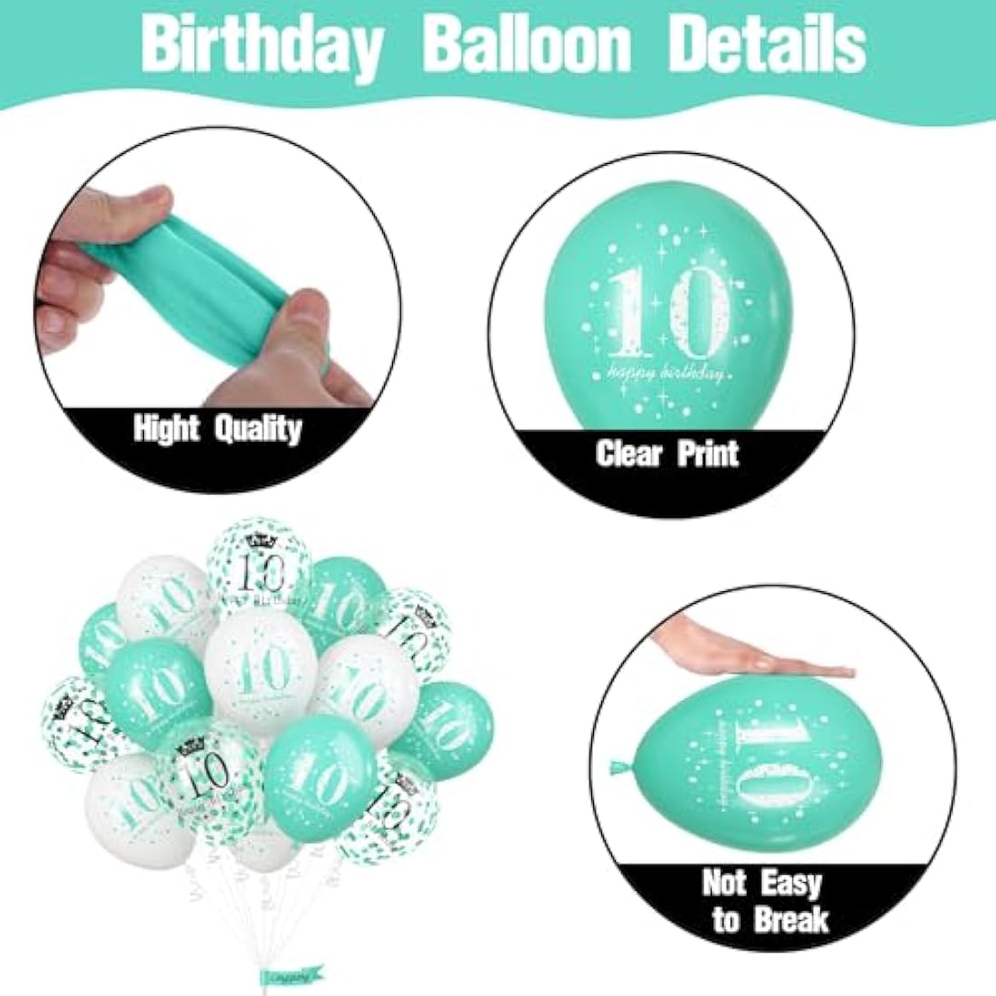 10th Birthday Decorations Girl, Teal White Happy 10th Birthday Latex Print Balloons for Boys, Turquoise White Confetti 10th Bday Party Decorations for Kids Age 10 Years Old Birthday Party Supplies