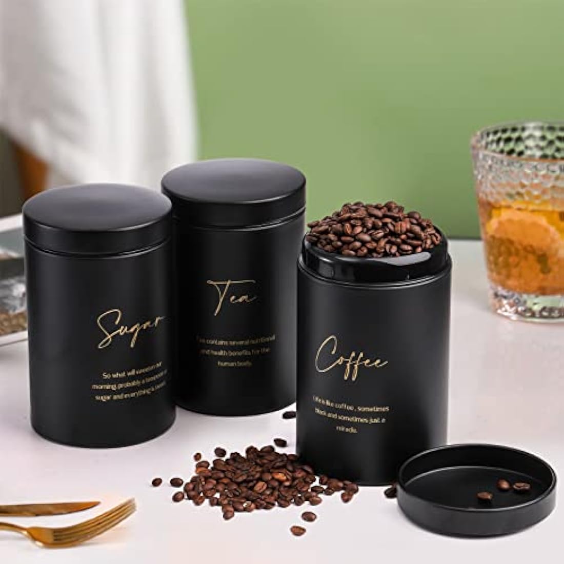 Hacaroa Set of 4 Bread Box and Canister Set for Kitchen Countertop, Metal Bread Bin Sugar Tea Coffee Storage Canister with Lid, Biscuit Tin Set for Loaf, Pastry, Dry Food, Black