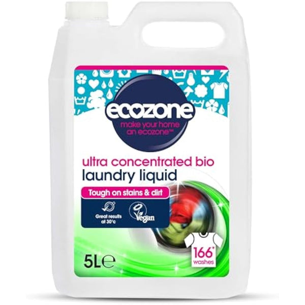 EcoZone Ultra Concentrated Biological Laundry Liquid, Bio Detergent, Washing Machine Powerful Clothing Stain Removal & Cleaning, Natural Vegan, Non Toxic, Eco Friendly, Gentle on Skin, 166 washes (5L)