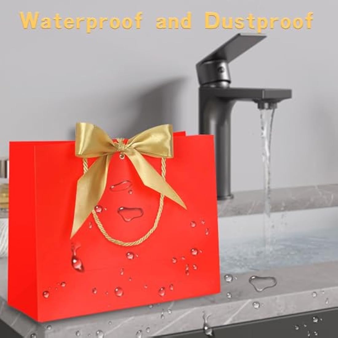 10pcs Gift Bag With Gold Ribbin Luxury Paper Party bag With Handles For Wedding Birthday Baby Shower Halloween Christams((32 * 25 * 10cm) (Red)