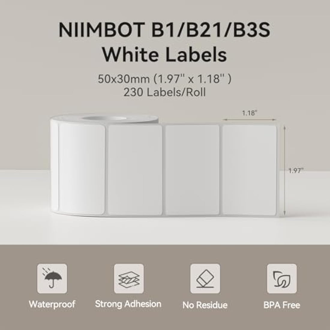 NIIMBOT Thermal Sticky Labels 50×30 mm (2×1.2") Compatible with B1/B21/B31/B3S/K2 Label Printer, Waterproof Labels Stickers for Home,Kitchen, Office, Organizing & Small Business, 1 Roll (White)