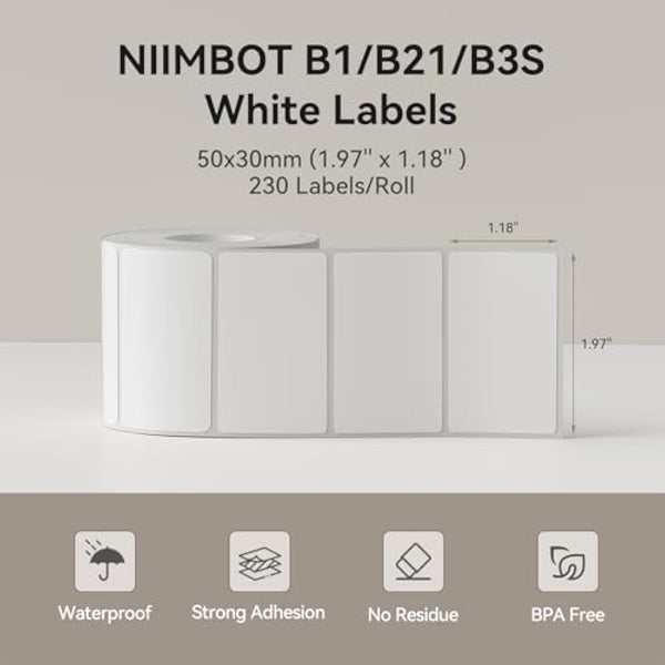 NIIMBOT Thermal Sticky Labels 50×30 mm (2×1.2") Compatible with B1/B21/B31/B3S/K2 Label Printer, Waterproof Labels Stickers for Home,Kitchen, Office, Organizing & Small Business, 1 Roll (White)
