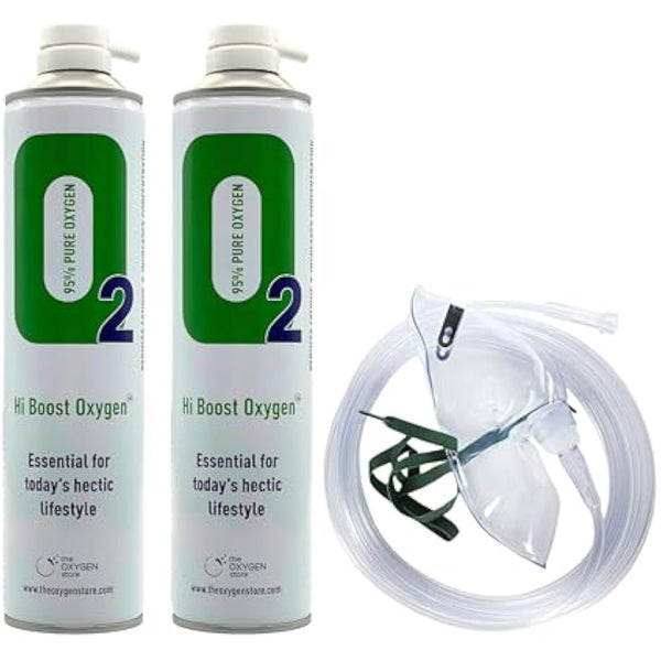 Hi Boost Pure Oxygen in a Can 20L (2 x 10L) with Tubing and Mask Portable - Great for Sport, Work, Health, Party, Healthy Looking Skin - Increased Concentration and Energy - Made in The UK