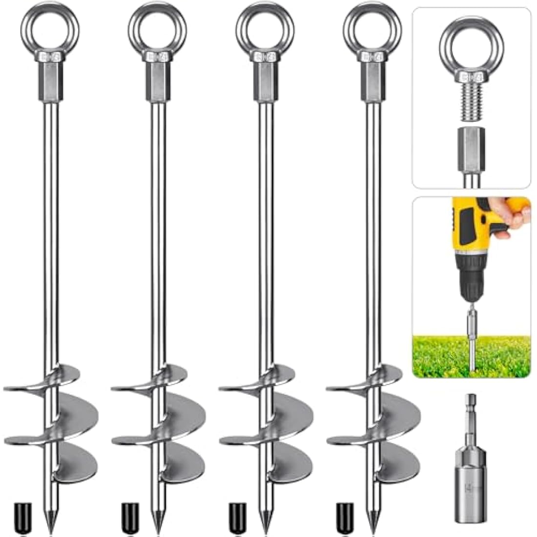 Dolibest Tent Peg Heavy Duty, 46cm Ground Anchor Screw Trampoline Stake Metal Earth Sand Spiral Wind Storm Spike for Swing/Camping/Shed/Dog/Carport/Canopy with Fixed Eyelet, 4 Pack