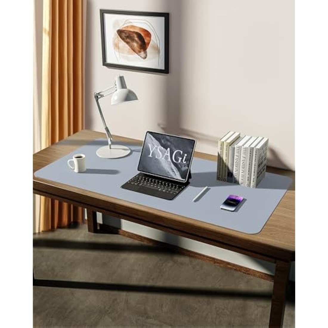YSAGi Leather Desk Mat, Large Mouse Mat, Non-Slip Desk Pad, Waterproof PU Leather Table Protector Writing Pad for Office and Home (90 x 43 cm, Light Grey)