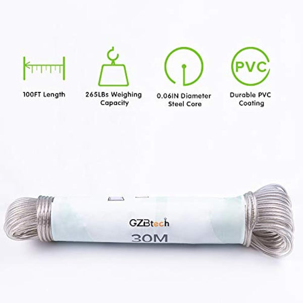 GZBtech 30m/100ft Clothes line for Outside Drying,Heavy Duty Extra Strong Washing Lines Rope with Steel Core & White PVC Cover, Rust-proof and Waterproof Laundry Line Outdoor Garden-Transparent