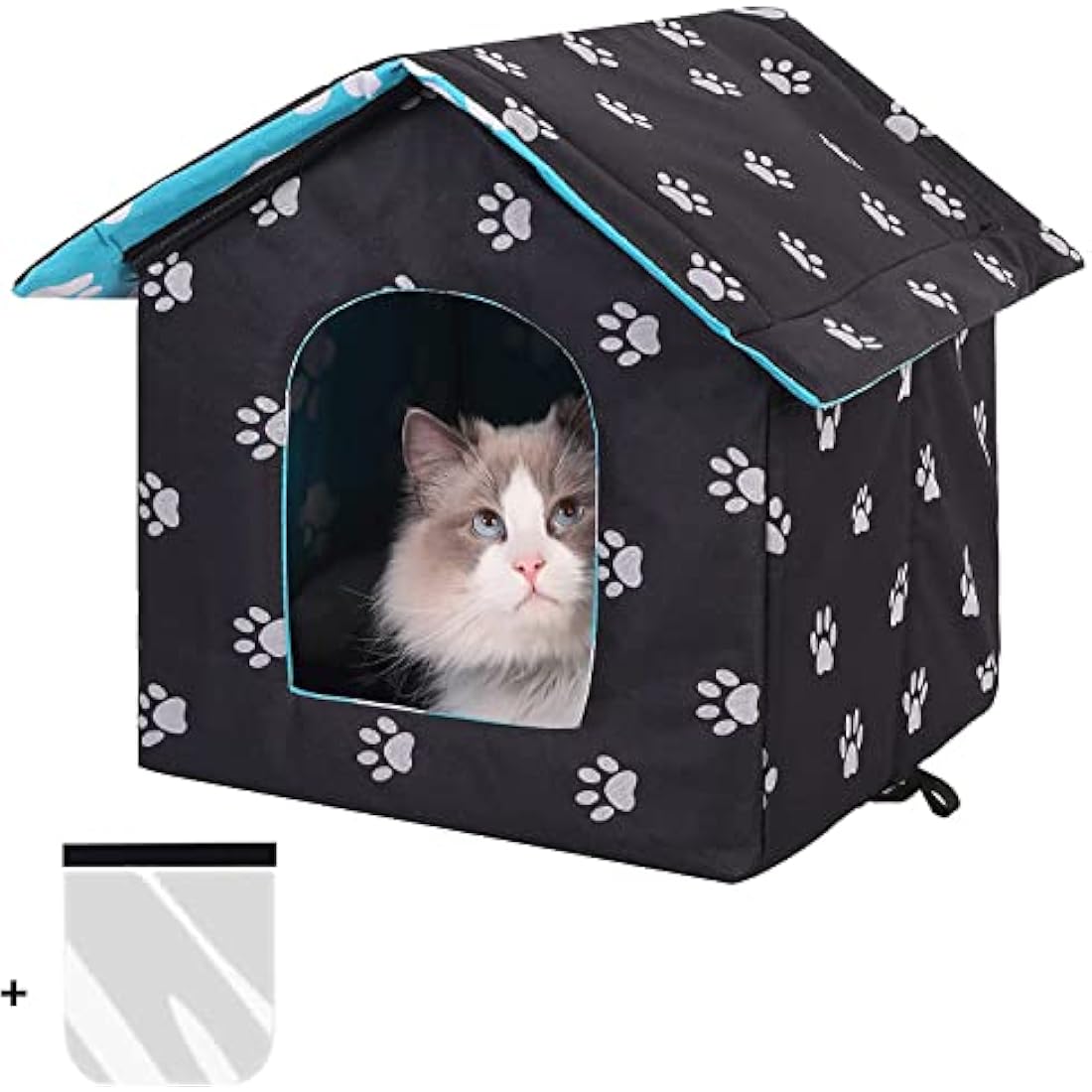 Cat House for Outdoors, Cat House for Winter, Waterproof Outdoor Pet House with Removable Transparent Curtain (Black, L)