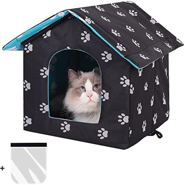Cat House for Outdoors, Cat House for Winter, Waterproof Outdoor Pet House with Removable Transparent Curtain (Black, L)