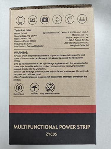 Tower Extension Lead, (3250W 13A) Extension Tower 8 AC Outlets & 4 USB Ports, Surge Protection Extension Lead with 4 Independent Switch, 17W USB C Ports Extension Cable 3M for Office, Home, Kitchen