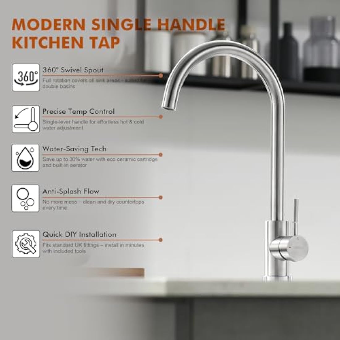 GRIFEMA G4008 Kitchen Sink Taps Mixer with Single Lever High Arc 360°Swivel, Stainless Steel Kitchen Mixer Taps 1 hole with Chrome Finish, Classic Design[Energy Class A+]
