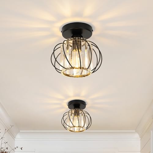 FORCOSO Ceiling Light 2-Pack, Black Light Shade Crystal Light Fitting, Semi Flush Chandelier Metal Lampshade, E27 Round Lighting Fixture for Living Room Hallway Kitchen Dining Room Bedroom Lounge