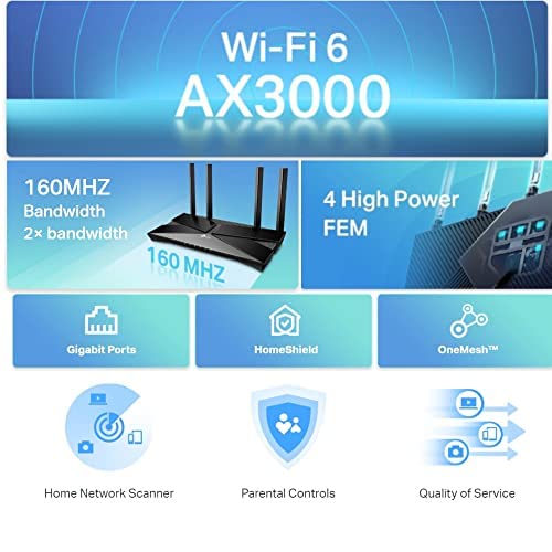TP-Link Archer AX53 AX3000Mbps Dual-Band WiFi 6 Router, Fast Full Gigabit Ports, Ultra-Low Latency, EasyMesh Compatible, WPA3, Optimal for Gaming, Works with Alexa, Client & Server VPN