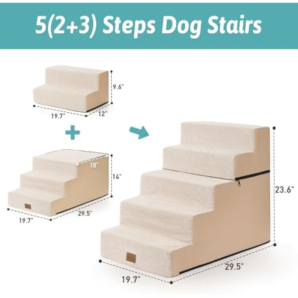 COZY KISS Wide Dog Stairs for Small Dogs, 2-in-1 Pet Steps for Couch Bed Sofa, 60cm High Non-Slip Dog Climbing Steps for Puppies and Old Cats with Support Board (Beige, 75x50x60cm, 5)