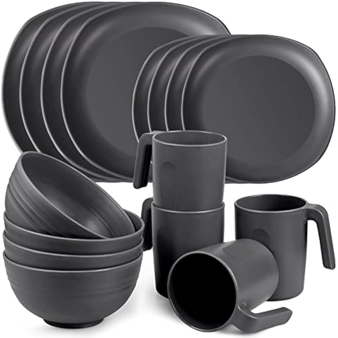 Greentainer Unbreakable Lightweight Dinnerware Sets, Plastic Dinner Set, 4 Dining Plates, 4 Bowls, 4 Cups, Microwave and Dishwasher Safe, Camping Tableware for Kids and Adults, Service for 4(Grey)