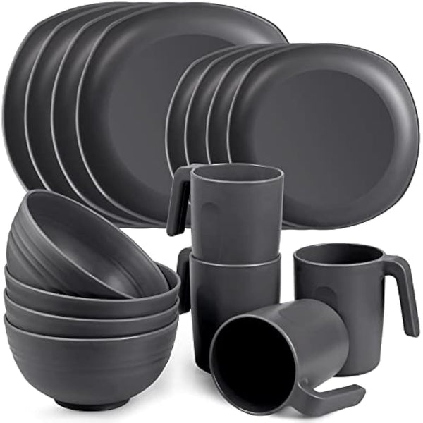 Greentainer Unbreakable Lightweight Dinnerware Sets, Plastic Dinner Set, 4 Dining Plates, 4 Bowls, 4 Cups, Microwave and Dishwasher Safe, Camping Tableware for Kids and Adults, Service for 4(Grey)