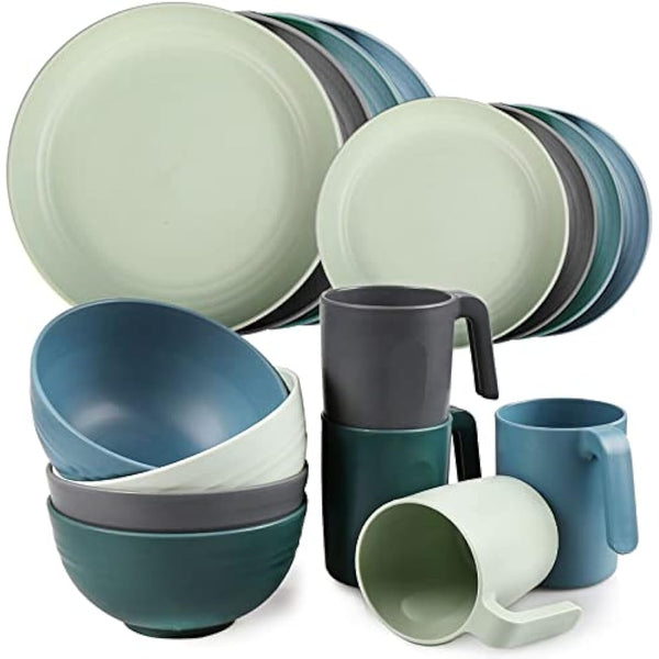 Greentainer Unbreakable Plastic Dinnerware Set, Lightweight Tableware with 4 Dinning Plates, 4 Dessert Plates, 4 Bowls, 4 Cups Kids & Adults, Service for 4, Dishwasher&Microwave Safe,16 Pcs