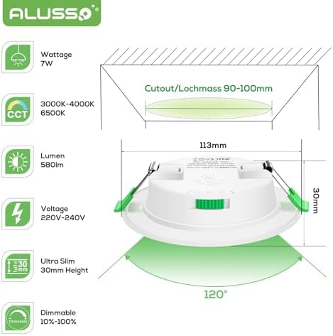 7W LED Recessed Ceiling Light, Dimmable 230V Downlights Ultra Slim 90-100mm Cutout, CCT Selectable Warm White 3000K Neutral White 4000K Cool White 6500K, LED Spotlights for Bathroom Kitchen, 6 Pack