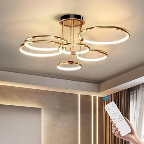 EIDEARAY LED Ceiling Light，Modern Nest Design Ceiling Lamp Dimmable with Remote Control Lamp Golden Ring Ceiling Lighting Apply Living Room Kitchen Hallway Balcony Dining Room (Six Rings)