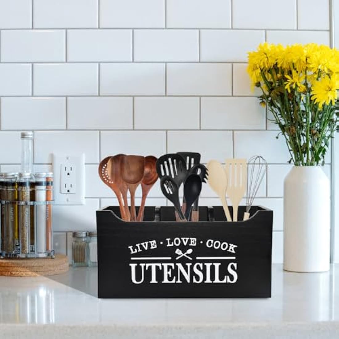 Karisky Kitchen Utensil Holder with Drainage Bottom, Large 3 Compartments Solid Real Wood Utensil Organizer for Kitchen Counter, Farmhouse Cooking Tools Storage for Countertop, Black