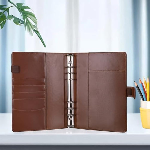 HAUTOCO PU Leather A5 Ring Binder Cover Refillable 6 Ring Budget Binder Notebook Organiser for A5 Refill Paper Insert for Office, School, and Travel, Brown