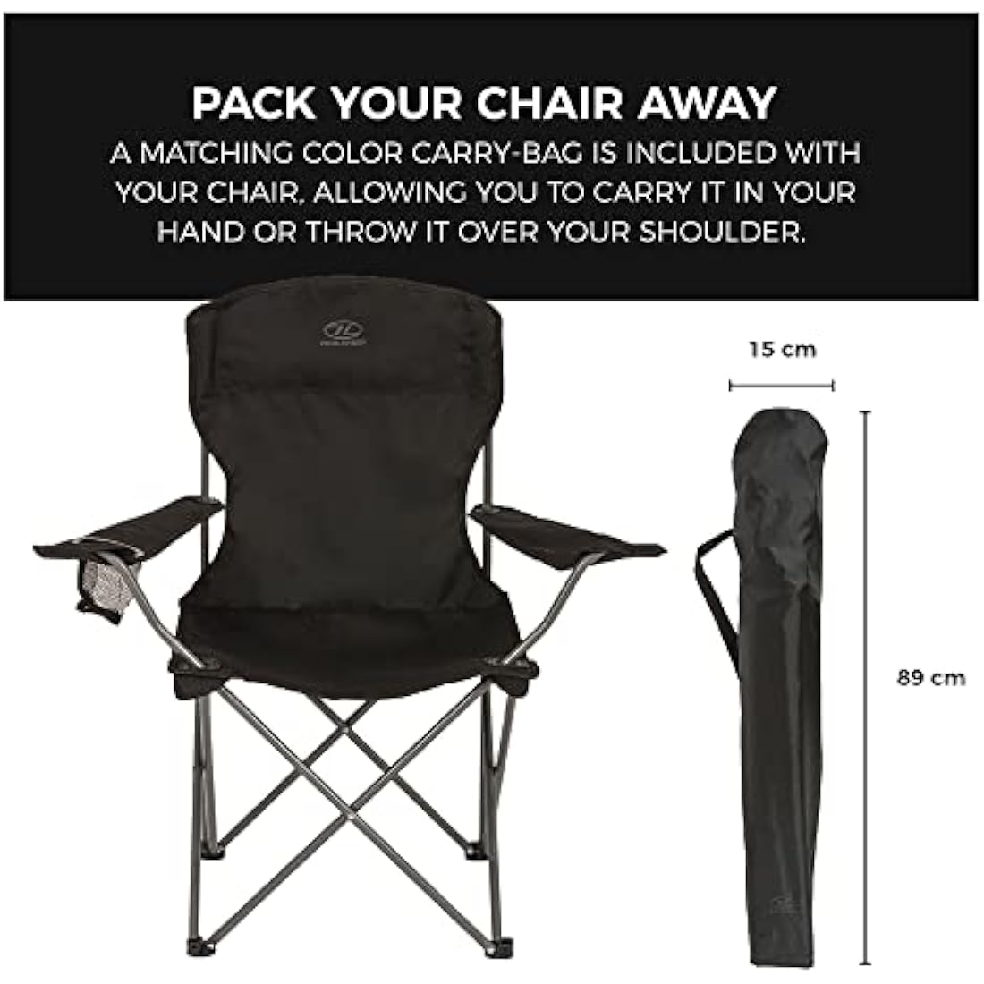 Highlander Camping Chair - Compact & Lightweight Folding Chair, 2.2kg, Portable Chair for Outdoors, Durable Steel Frame Arm Chair with Cup Holder