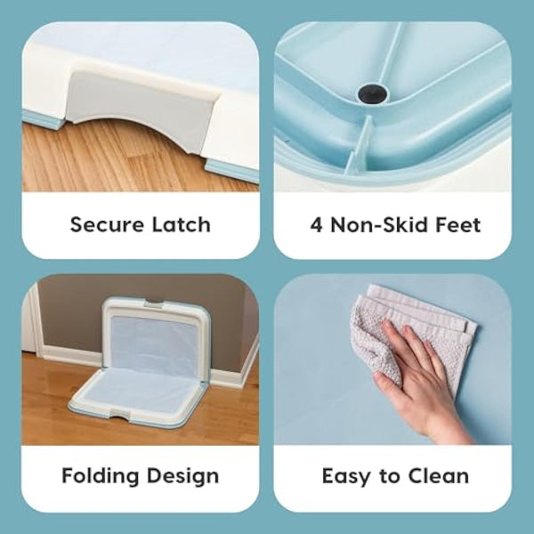 IRIS USA Pee Pad Holder, XL, Marking and Leg Lifting Dog Pad Holder, Foldable, Secured Latches, Non-Skid Rubber Feet, High Polish Finish for Easy Cleaning, Fits 23"x35" Pad or Larger, Blue