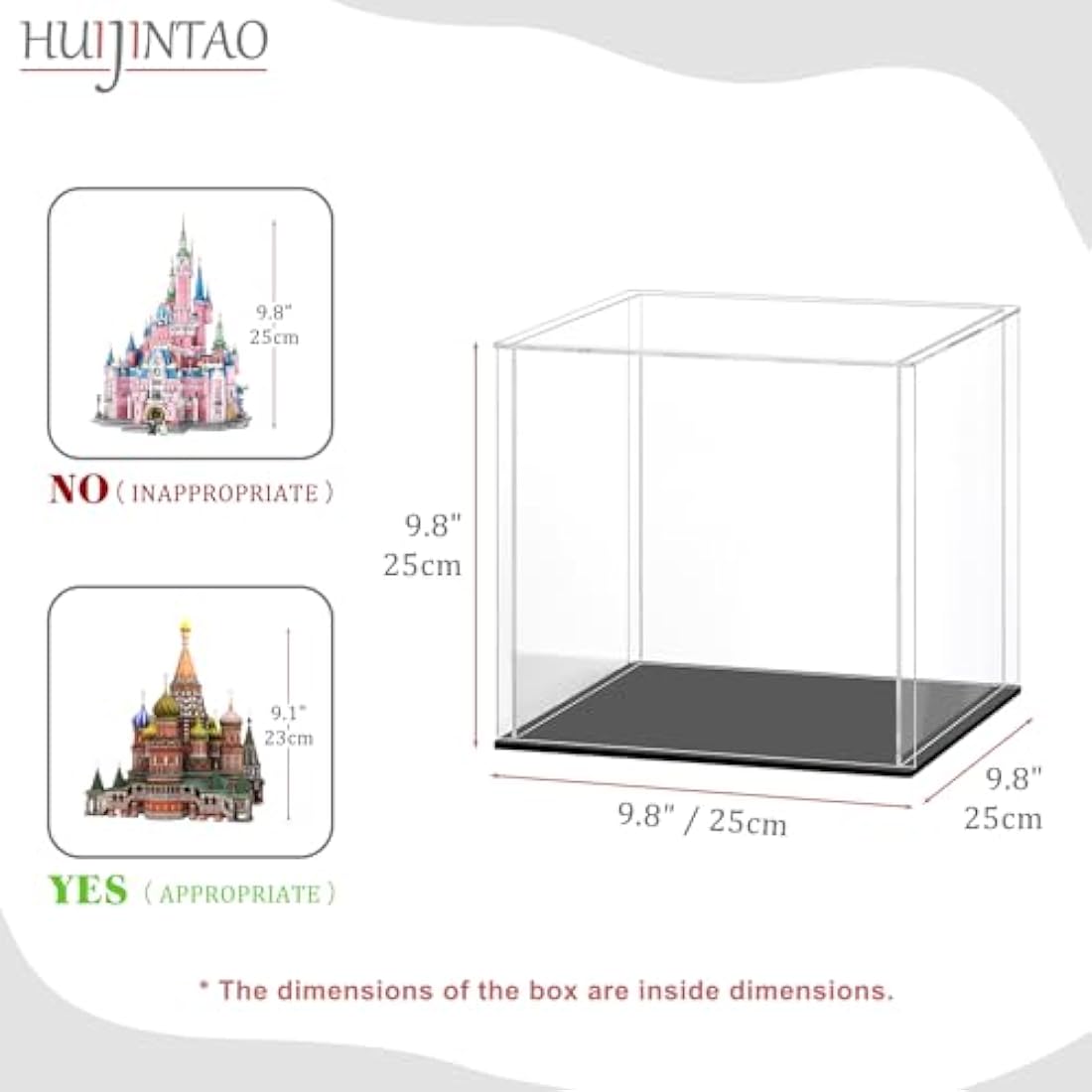 HUIJINTAO Clear Acrylic Display Case Countertop Box Cube Organizer Stand Dustproof Protection Showcase for Action Figures/Toys/Collectibles(10x10x10inch;25x25x25cm)