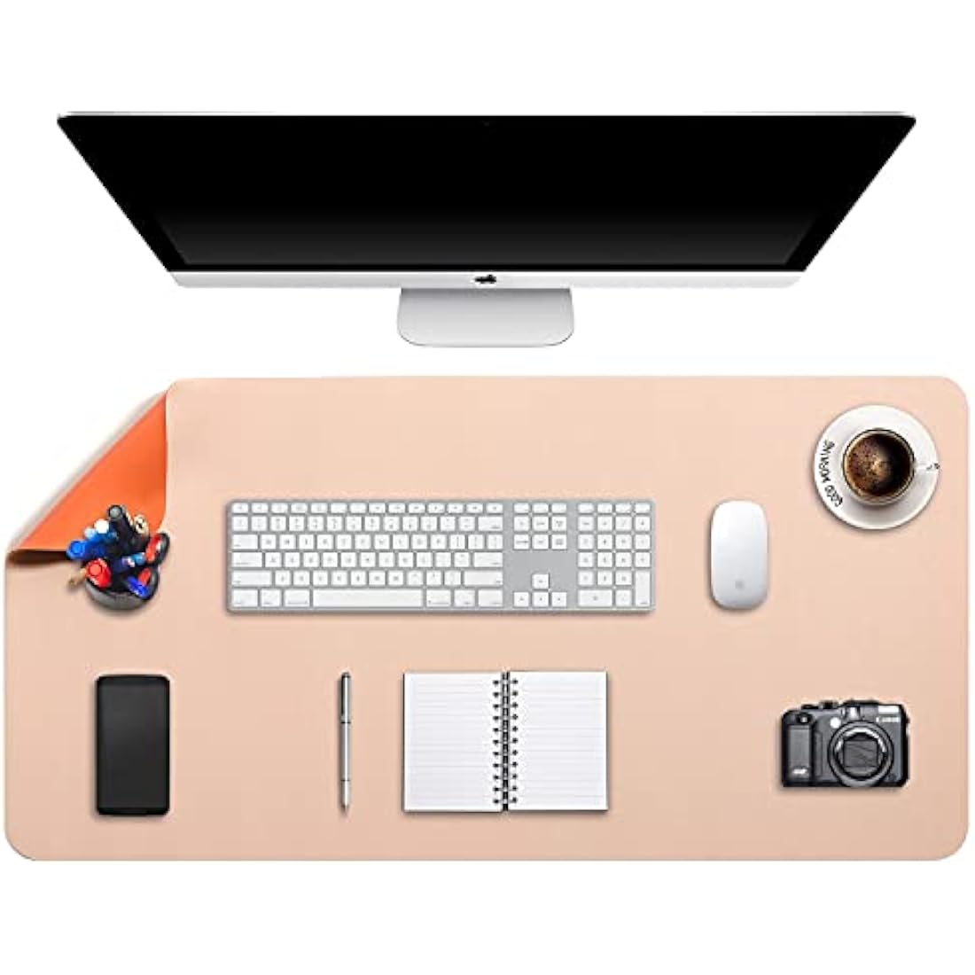 DOBAOJIA Desk Pad XX-Large, Desk Mat, Desk Blotter, Laptop Pad, Extended Mouse Mat, Mouse Pad XXL, Writing Pad for Office/Home, Dual-Side Use PU Leather Waterproof 35.4" X 16.9"(Beige/Orange)
