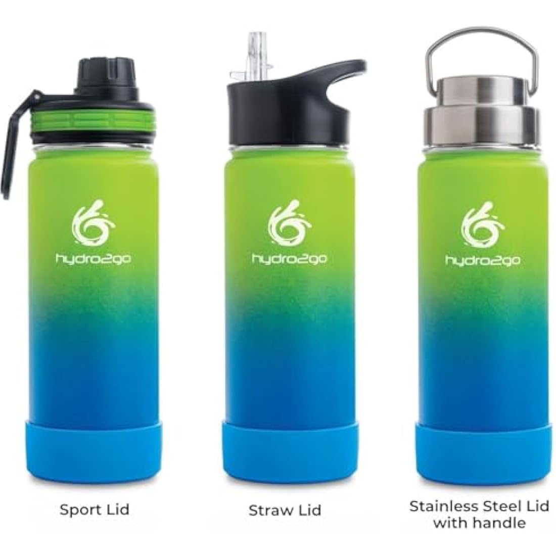 hydro2go Stainless Steel Water Bottle – BPA-Free Bottle for Kids, School, Sports & Outdoor – Keeps Drinks Hot for up to 12H and Cold for up to 24H – Includes 3 Drinking Caps – 530ml (Earth)