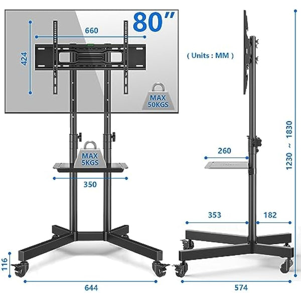 RFIVER Mobile TV Stand on Wheels for 32-80 Inch LCD LED OLED 4K Smart Flat and Curved Panels, Mobile TV Cart, Rolling Stand with Laptop DVD Shelf, Locking Wheels, MAX 50KG and VESA 600x400mm