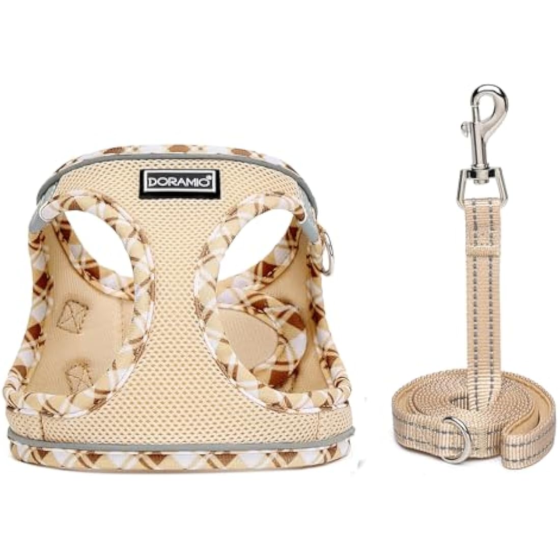 DORAMIO Step-in Dog Harness and Leash Set, Soft Mesh No-Chock Reflective Breathable Easy Walk Lightweight Vest Harnesses with Safety Buckle for Small Dogs, Cats, Puppies (Beige Yellow, S)