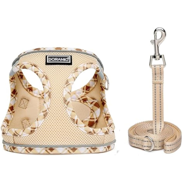 DORAMIO Step-in Dog Harness and Leash Set, Soft Mesh No-Chock Reflective Breathable Easy Walk Lightweight Vest Harnesses with Safety Buckle for Small Dogs, Cats, Puppies (Beige Yellow, S)