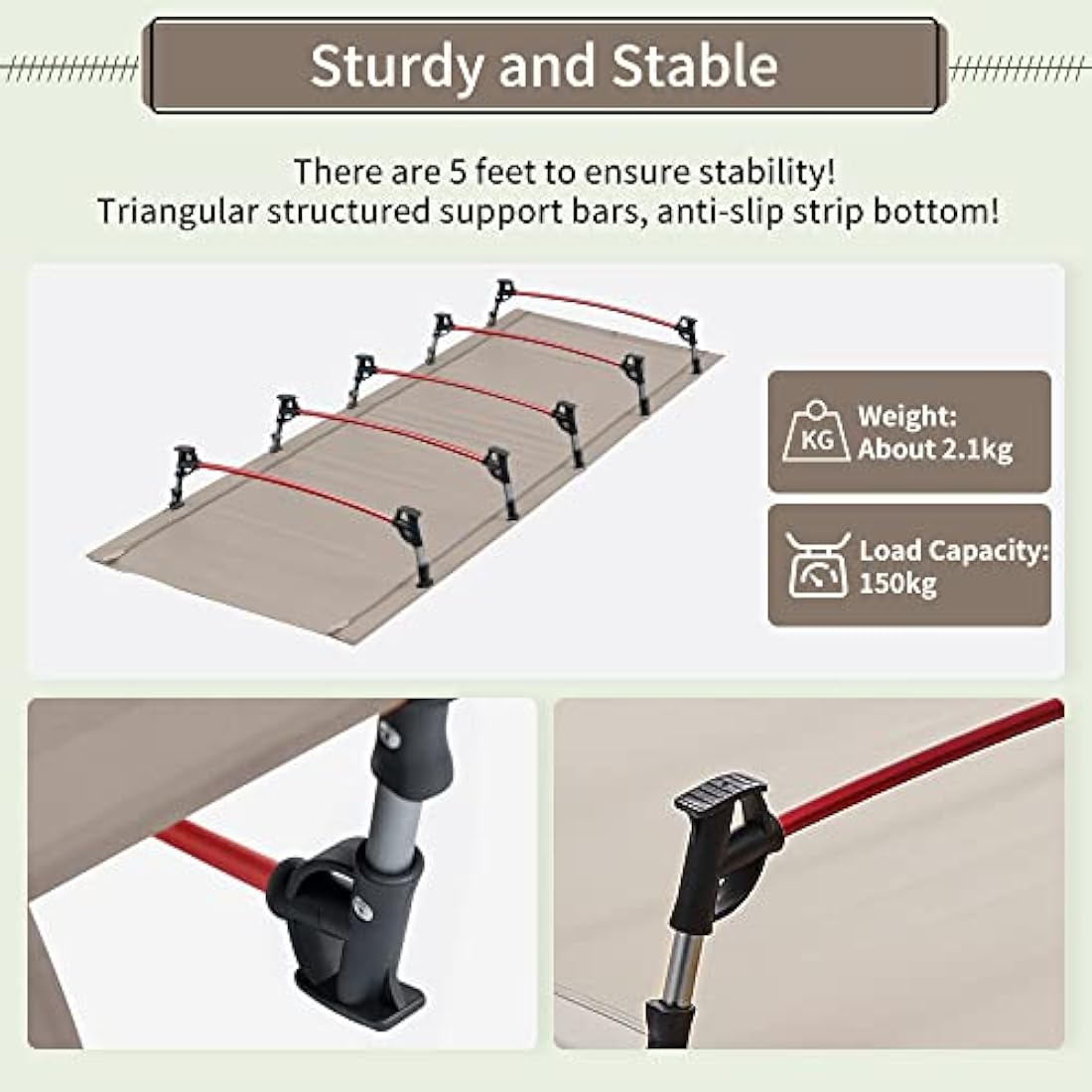 FreiZelt Camping Cot Folding Bed Lightweight Aluminum Poles Compact Portable Camp Bed Easy to Build Resilient Camping Bed for Tents - Khaki