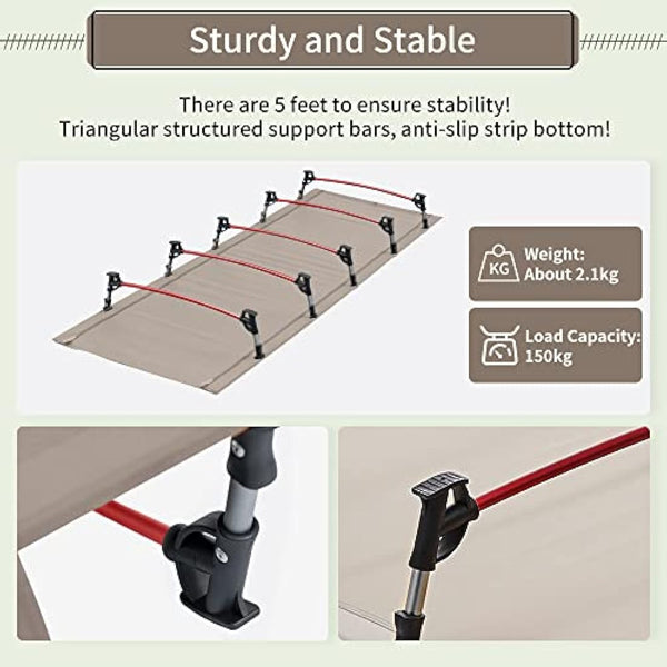 FreiZelt Camping Cot Folding Bed Lightweight Aluminum Poles Compact Portable Camp Bed Easy to Build Resilient Camping Bed for Tents - Khaki