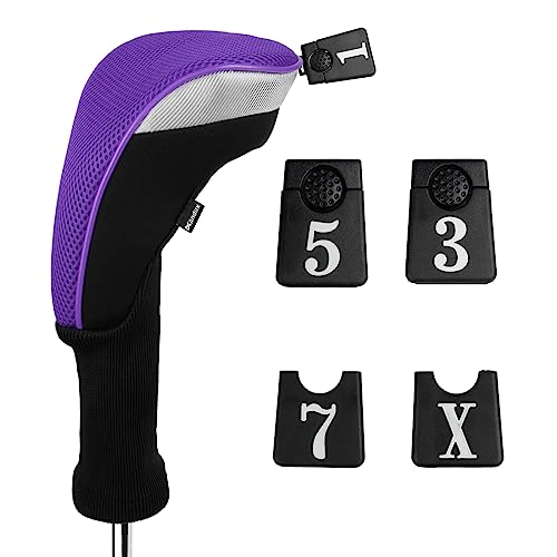 Andux 5pcs/Set Golf 460cc Driver Fairway Wood Club Head Covers Long Neck Black/Purple