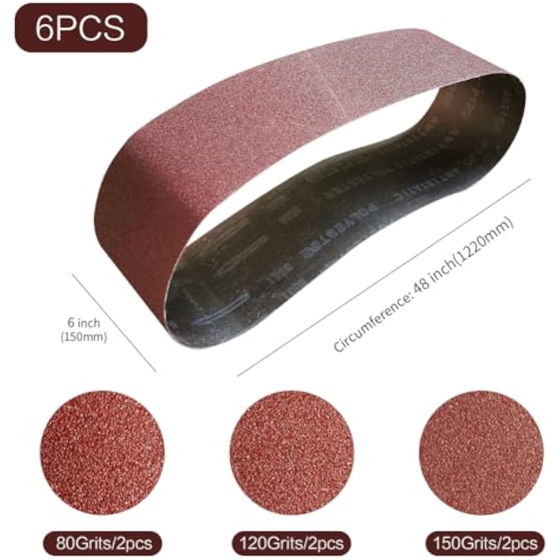 150mm x 1220mm 150mmx1220mm Sanding Belt Assorted Pack,6 Pcs(2 Each of 80 120 150 Grits) Aluminum Oxide for Sander