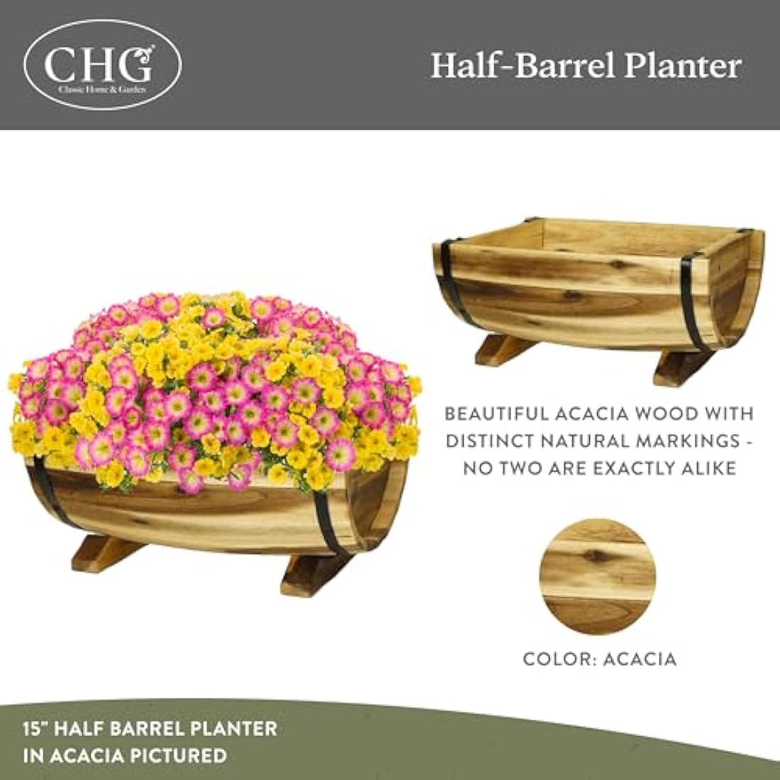 Classic Home & Garden Planters, Acacia Metal Oak Wood, 1 Pack